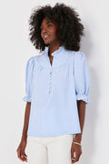 Sky Blue Stripe Ruffled Collar Puff Sleeve Half Buttons Blouse