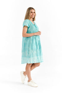 Nicola Dress Cap Sleeve - Coral Border Jade