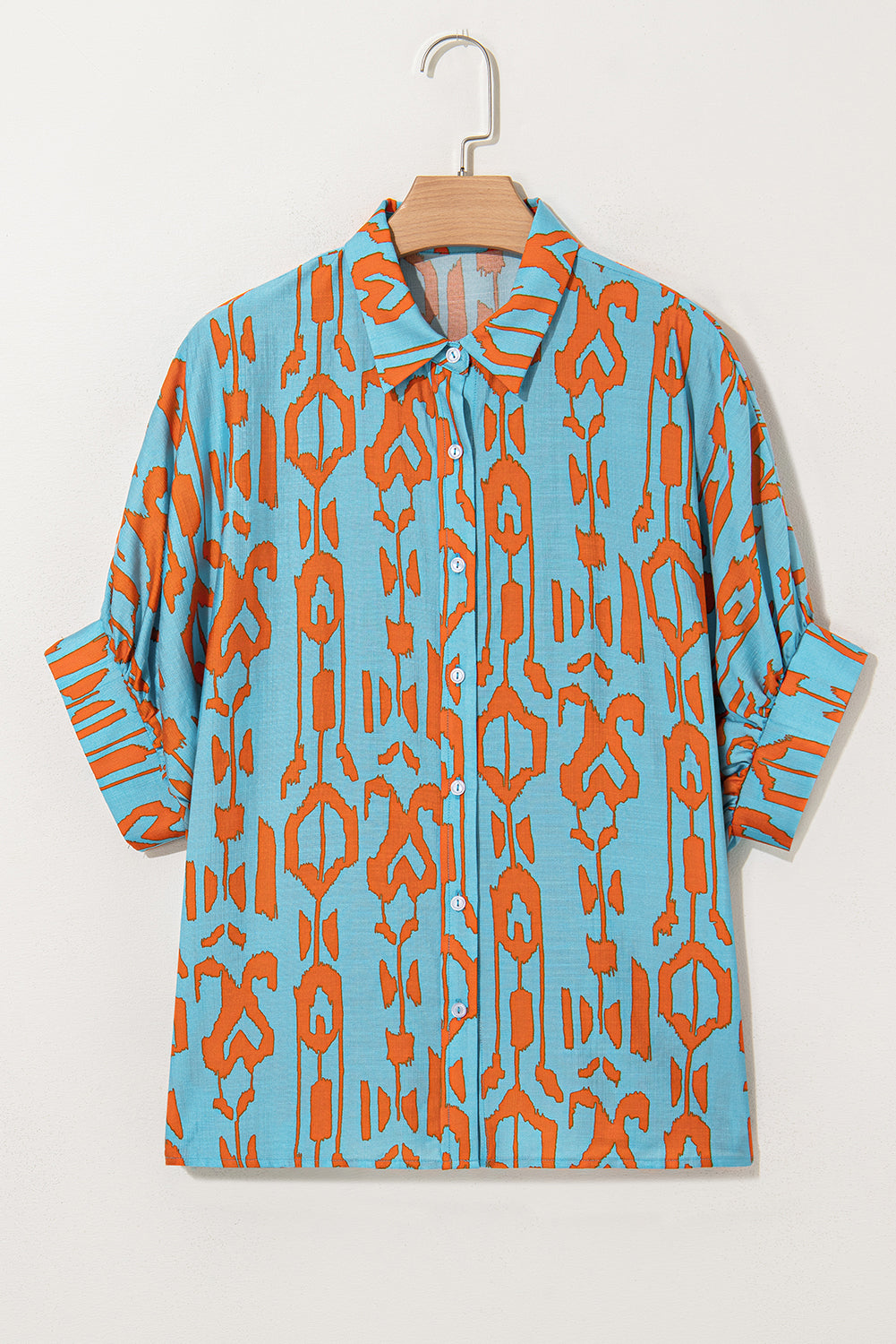 Sky Blue Abstract Print Dolman Short Sleeve Western Loose Shirt