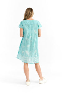 Nicola Dress Cap Sleeve - Coral Border Jade