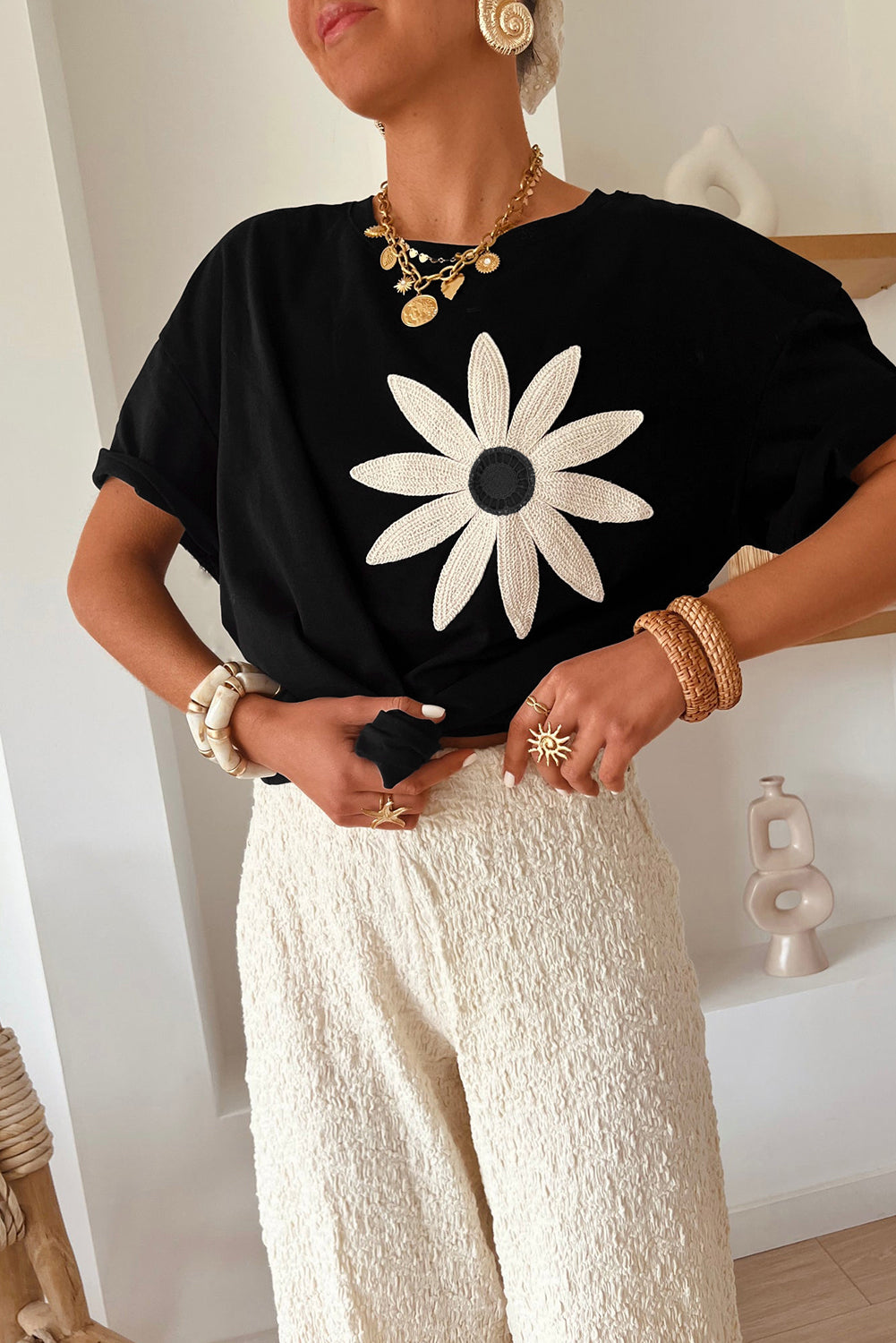 Black Contrast Crochet Floral Graphic Drop Shoulder Loose Tee Top