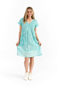 Nicola Dress Cap Sleeve - Coral Border Jade