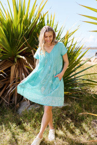 Nicola Dress Cap Sleeve - Coral Border Jade