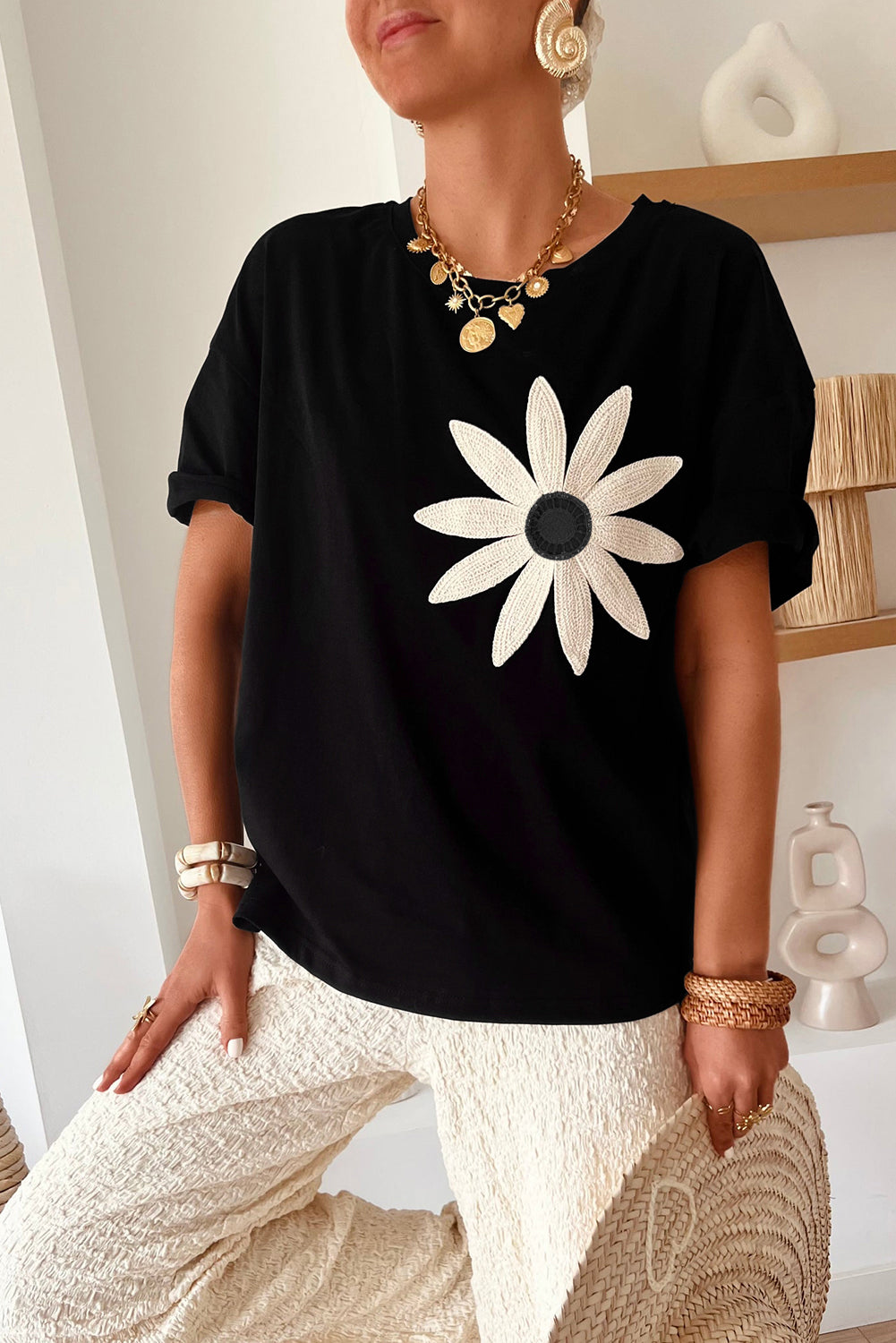 Black Contrast Crochet Floral Graphic Drop Shoulder Loose Tee Top