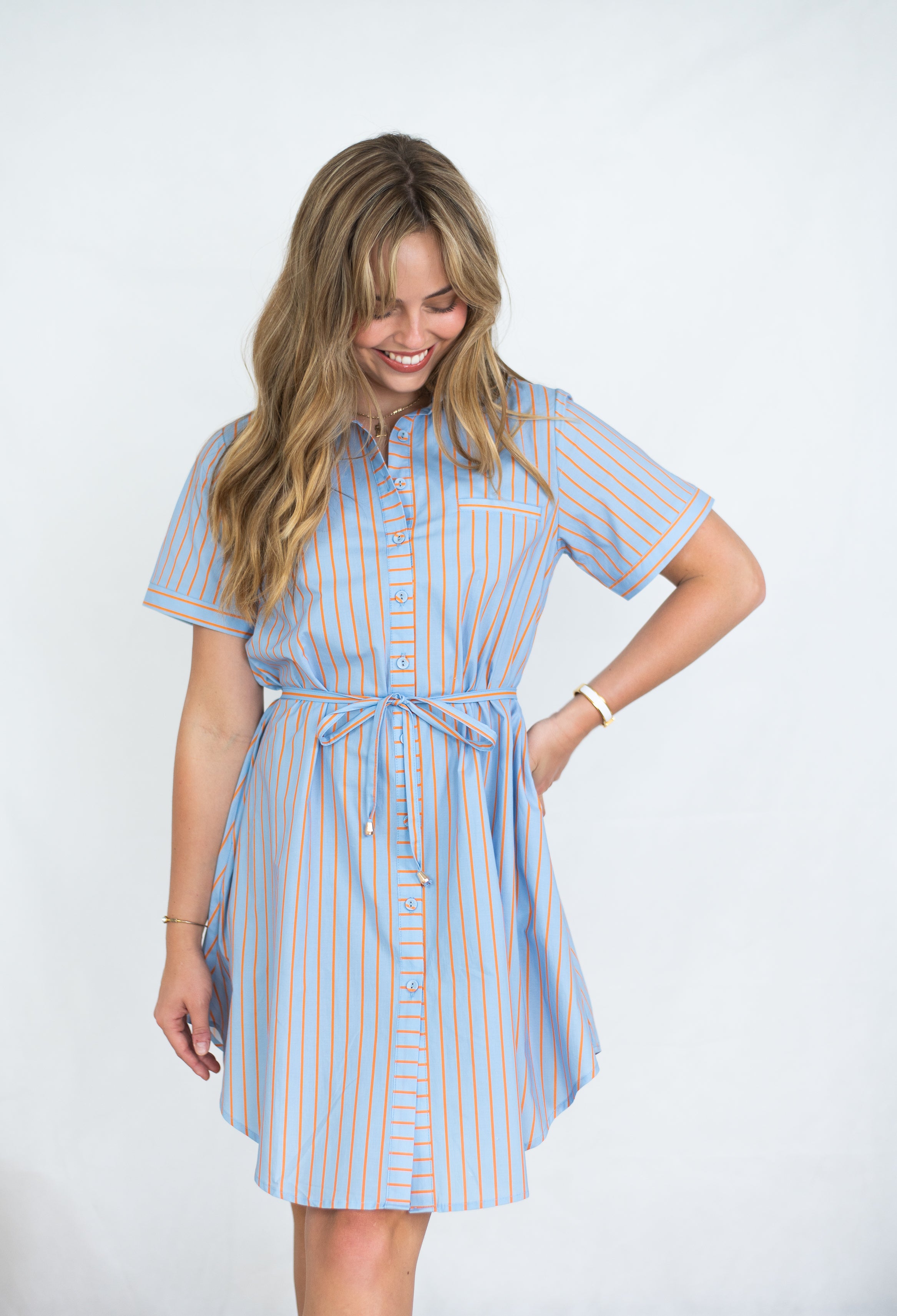 Caroline Shirt Dress - Blue & Orange Blissful Pink Caroline Shirt Dress - Blue & Orange Blissful Pink