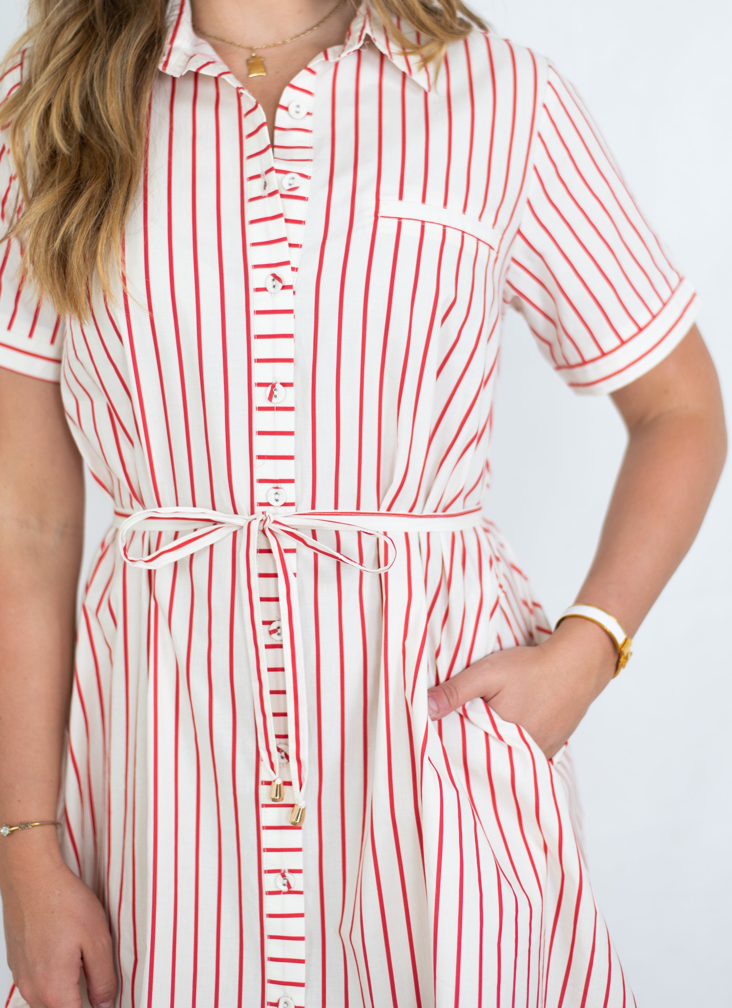 Caroline Shirt Dress - White & Red