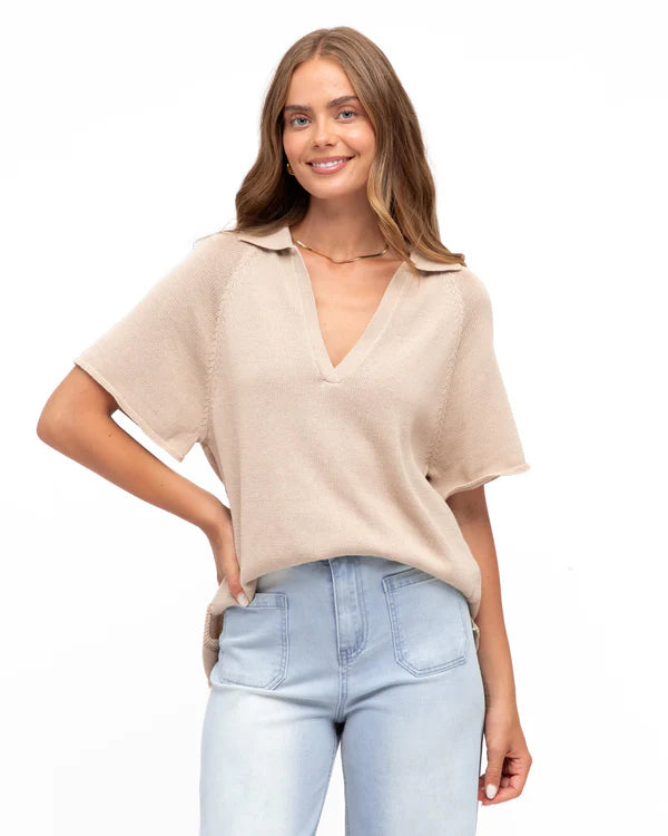 V-NECK COLLARED KNIT TOP Beige