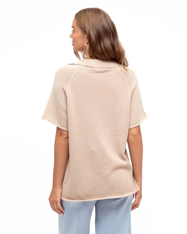 V-NECK COLLARED KNIT TOP Beige