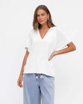 V-NECK COLLARED KNIT TOP White