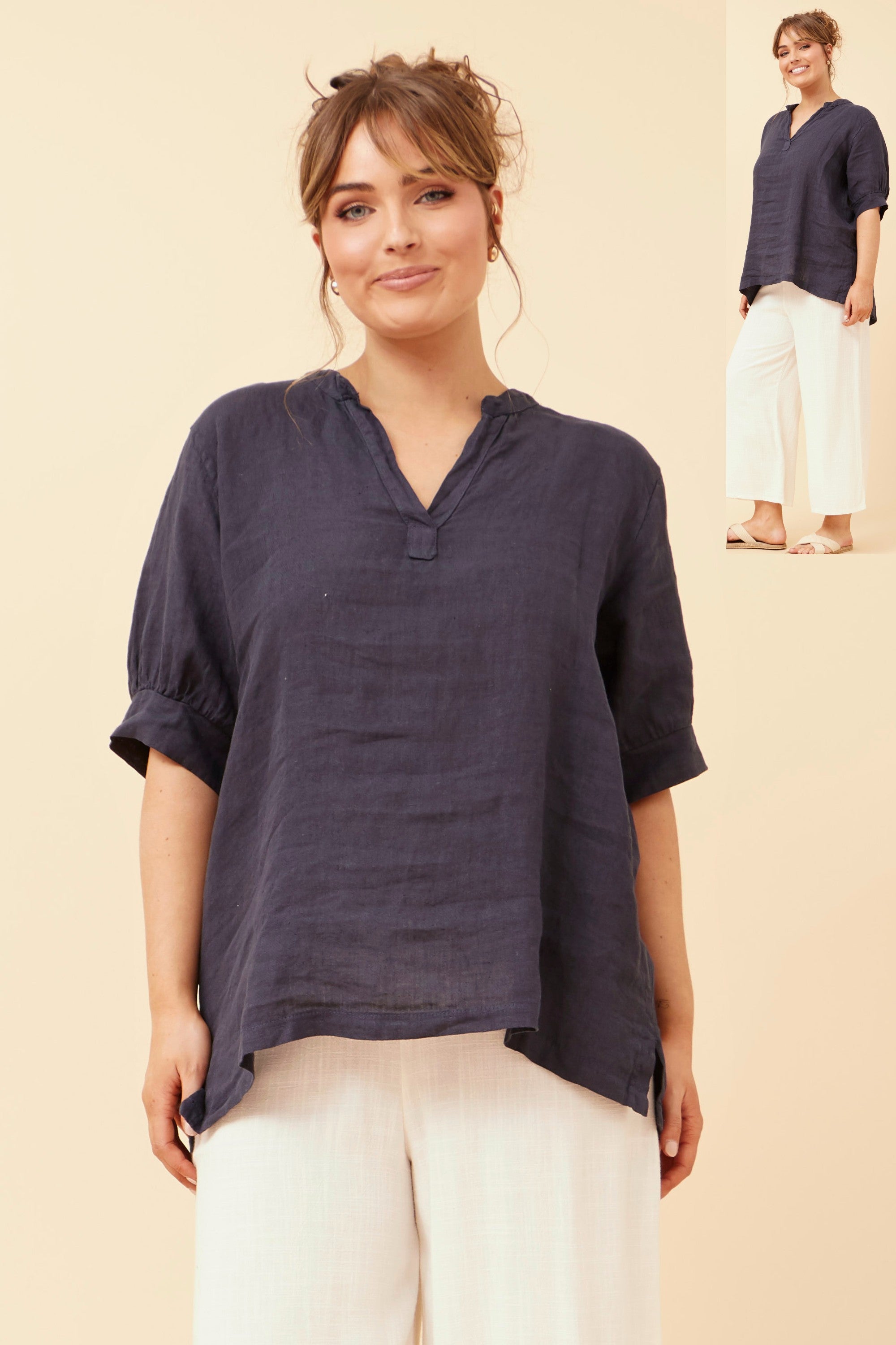 Casey Linen Top - Navy