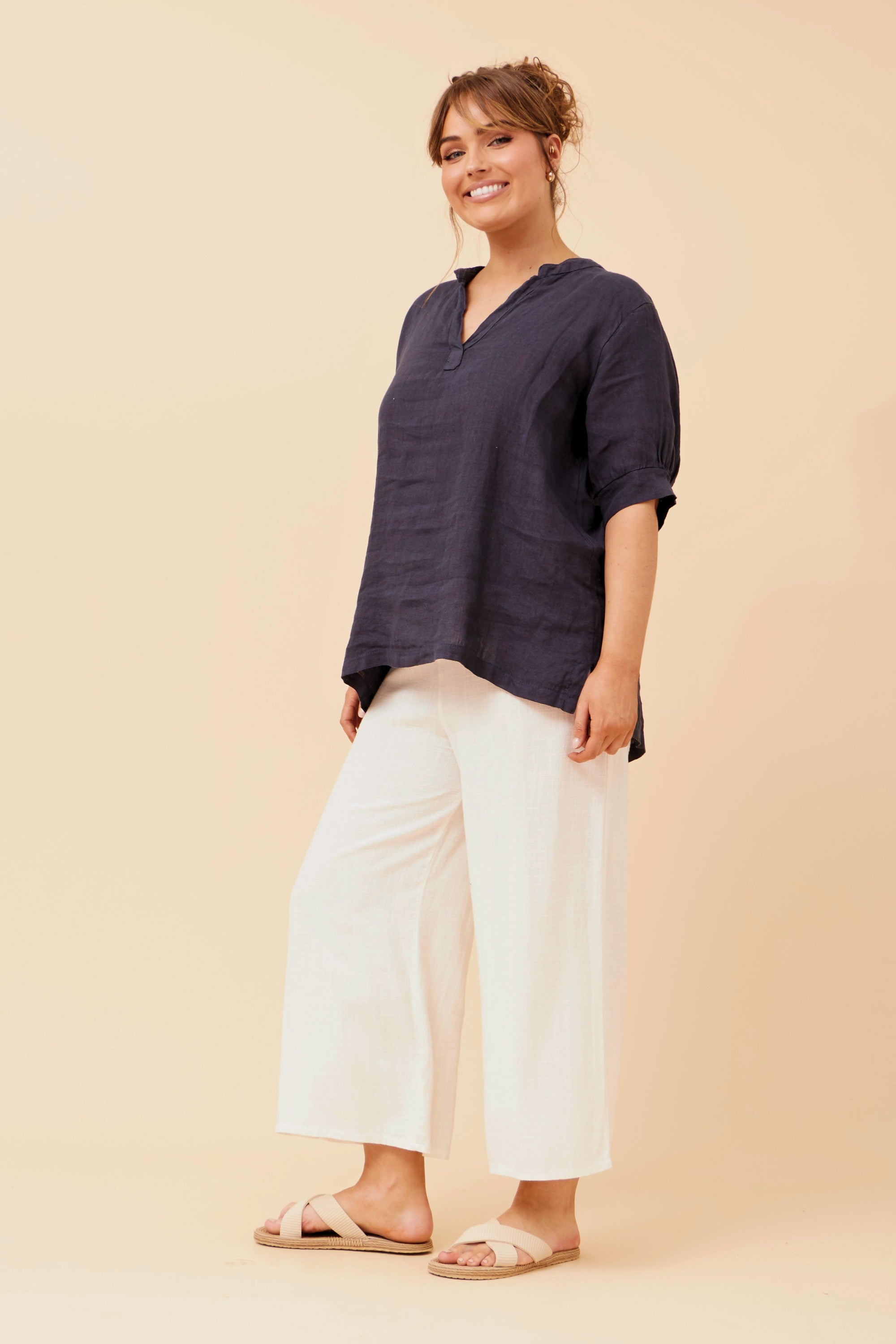 Casey Linen Top - Navy