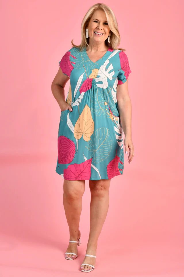 LOVINA DRESS - MAGIC MONSTERA TEAL