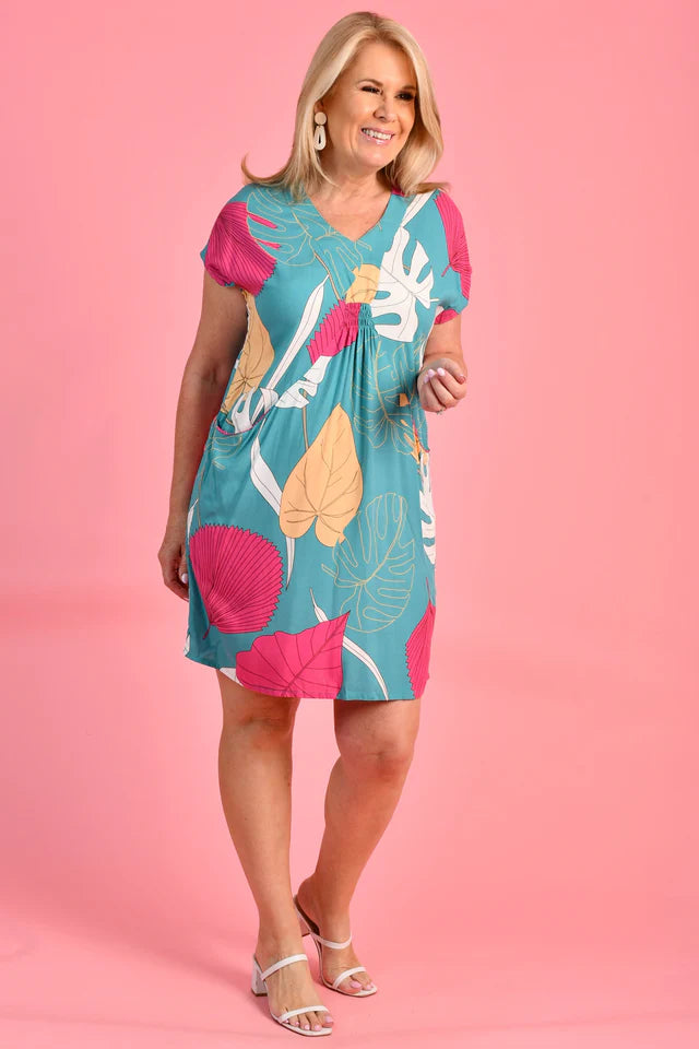 LOVINA DRESS - MAGIC MONSTERA TEAL