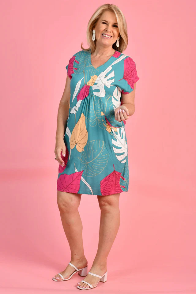 LOVINA DRESS - MAGIC MONSTERA TEAL