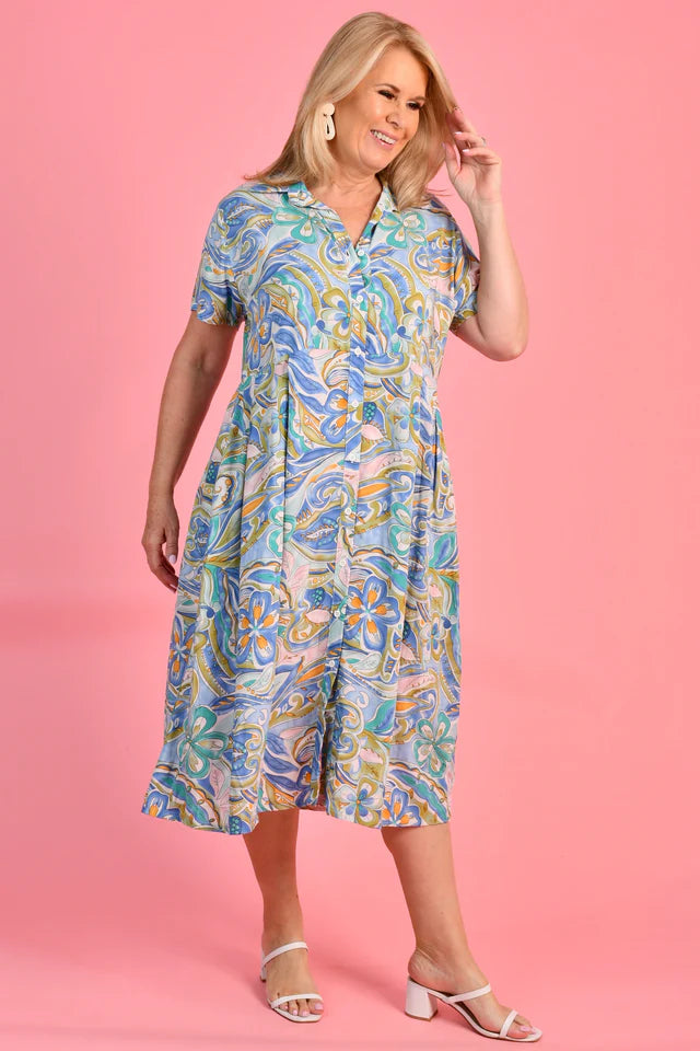 FREYA MIDI DRESS - 70'S SWIRL BLUE