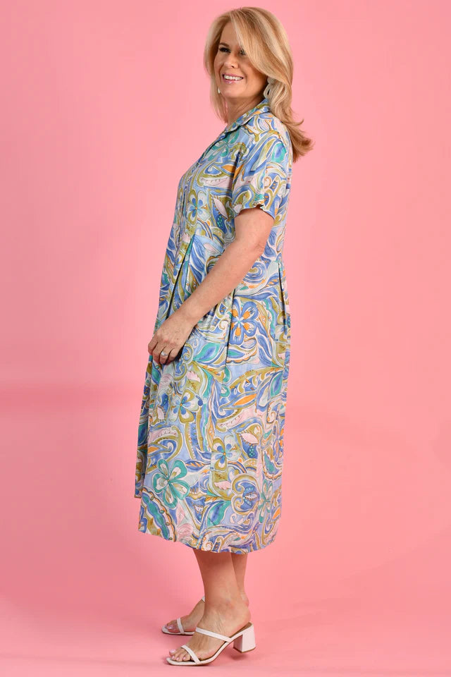 FREYA MIDI DRESS - 70'S SWIRL BLUE