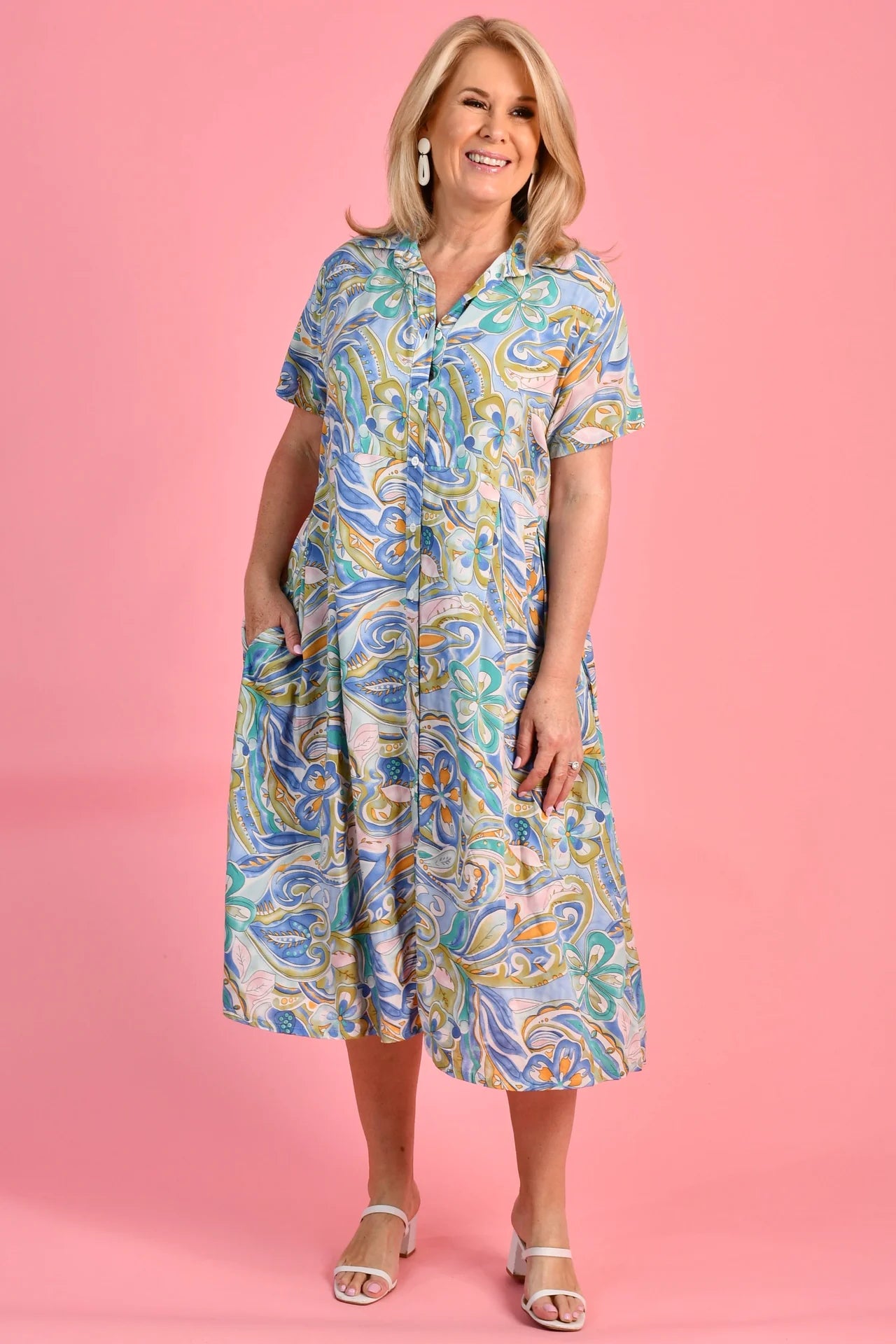 FREYA MIDI DRESS - 70'S SWIRL BLUE