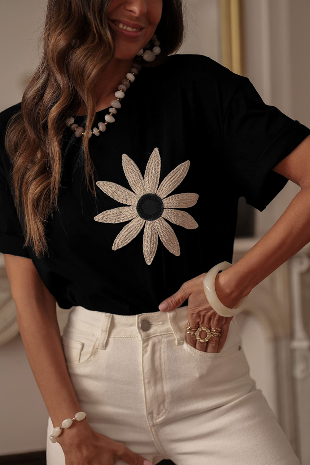 Black Contrast Crochet Floral Graphic Drop Shoulder Loose Tee Top