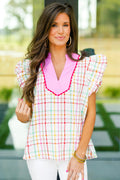 White Plaid Flutter Sleeve Colorblock Ric Rac Split V Neck Blouse