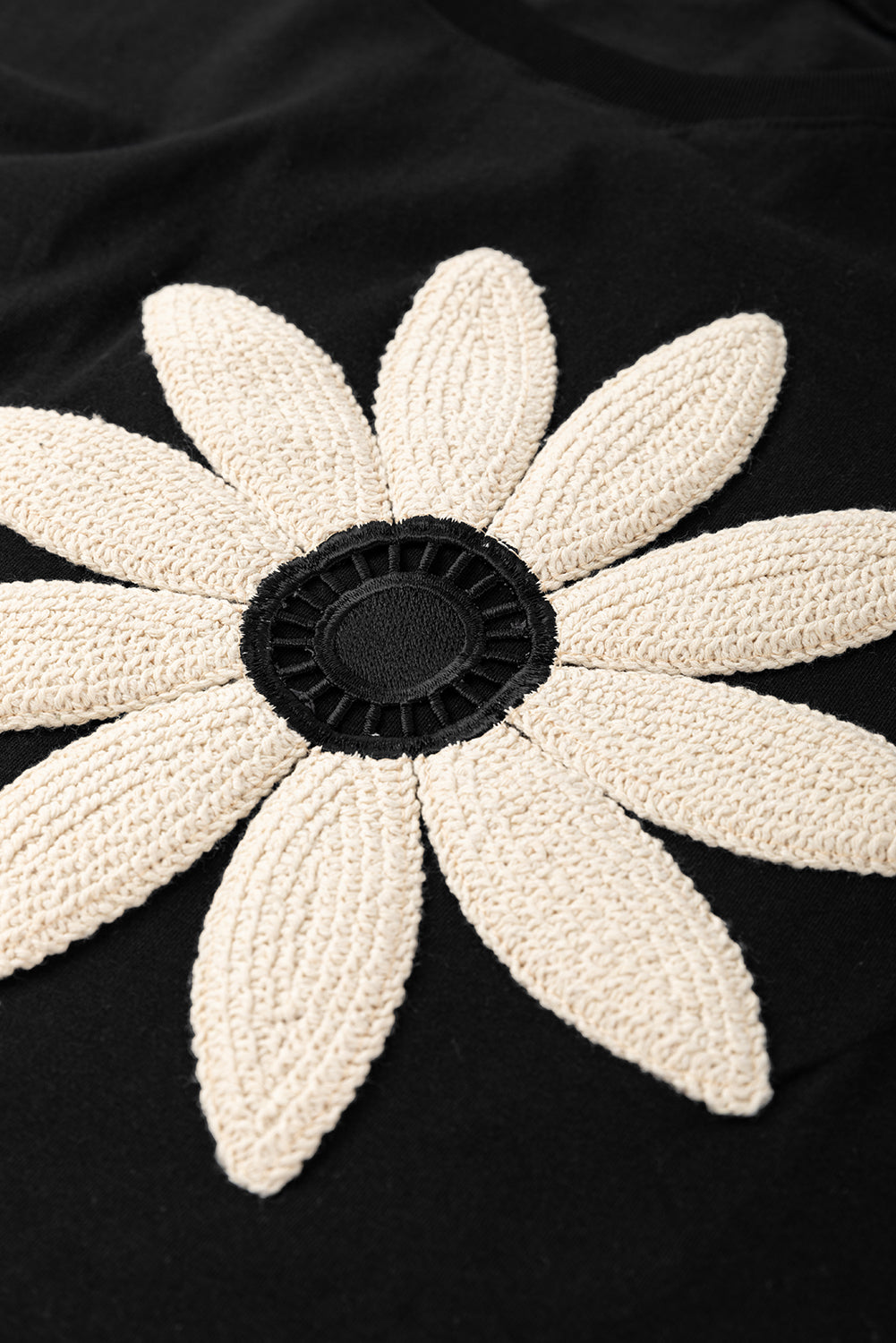 Black Contrast Crochet Floral Graphic Drop Shoulder Loose Tee Top